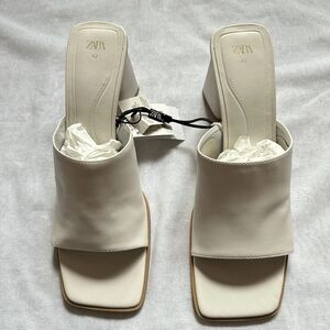 New Zara Wide Heel Square Toe White Leather Sandal 3537/110 Size  39.